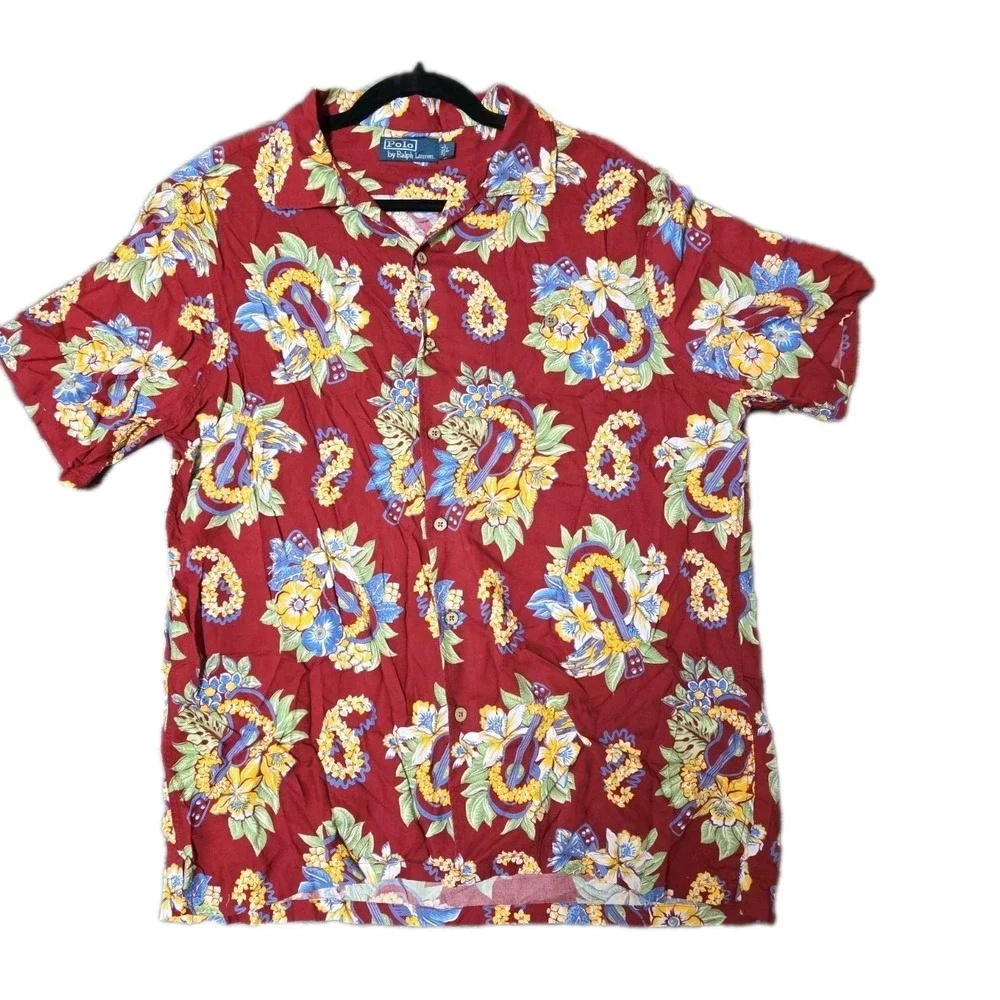 VTG‎ Polo Ralph Lauren Mens L Hawaiian Camp Shirt Button Down Red Tropical